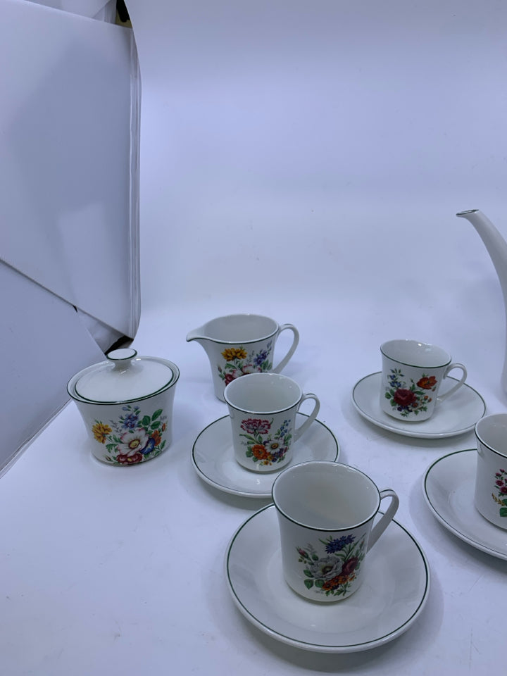15 PC VTG PONTESA WHITE W/ GREEN RIM ASSORTED FLORAL TEA SET.