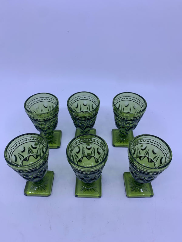 6 SMALL GREEN GLASS GOBLETS.