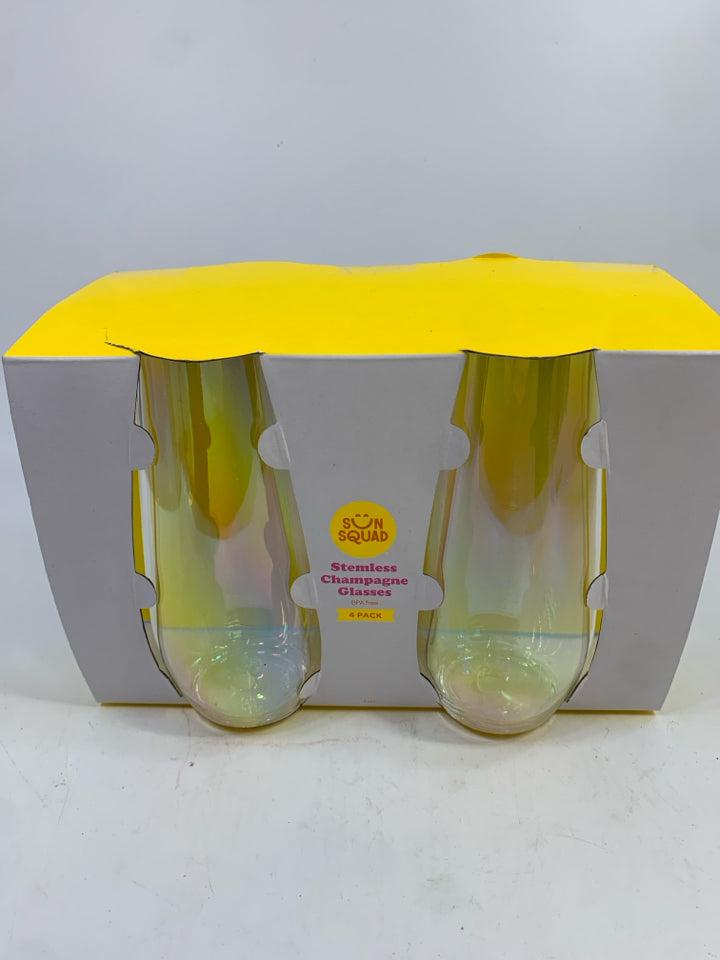 NIB SUN SQUAD 4PC IRIDESCENT CHAMPAGNE GLASSES.