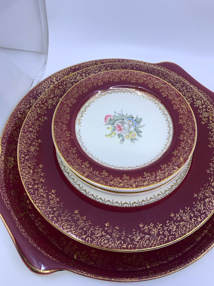 21 PC FLORAL MAROON AND GOLD DETAILED BORDER DISH SET.