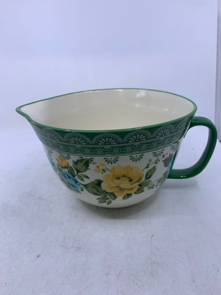 CERAMIC BATTER BOWL W/ YELLOW BLUE FLOWERS.