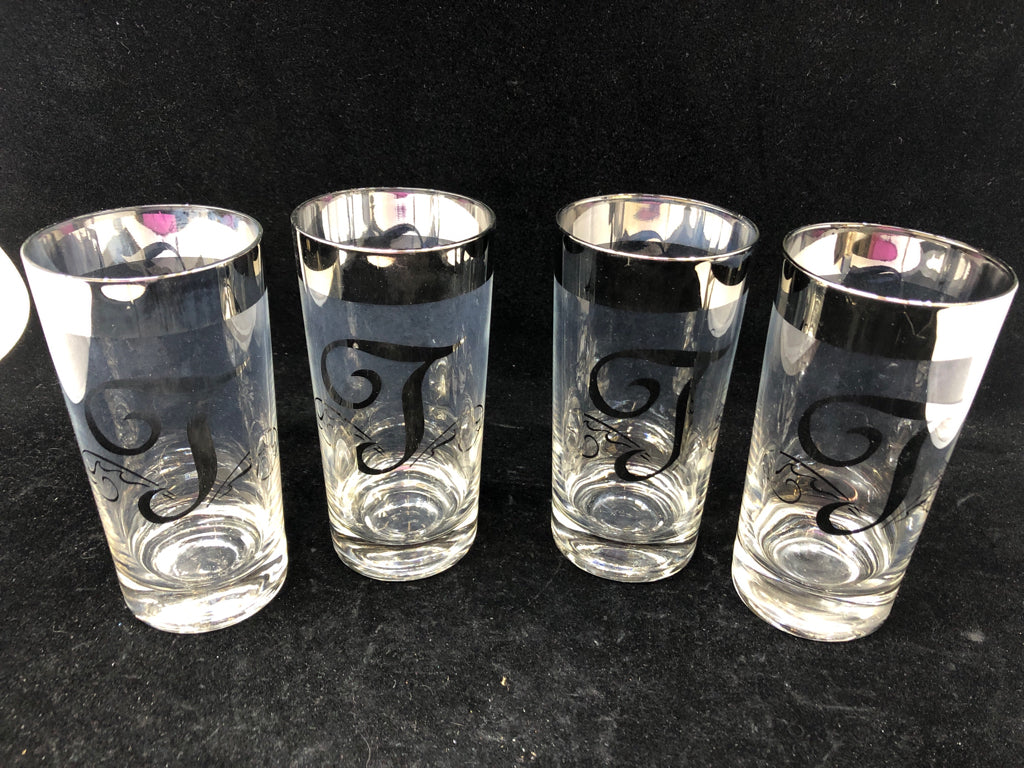4 VTG SILVER MONOGRAM T GLASSES.