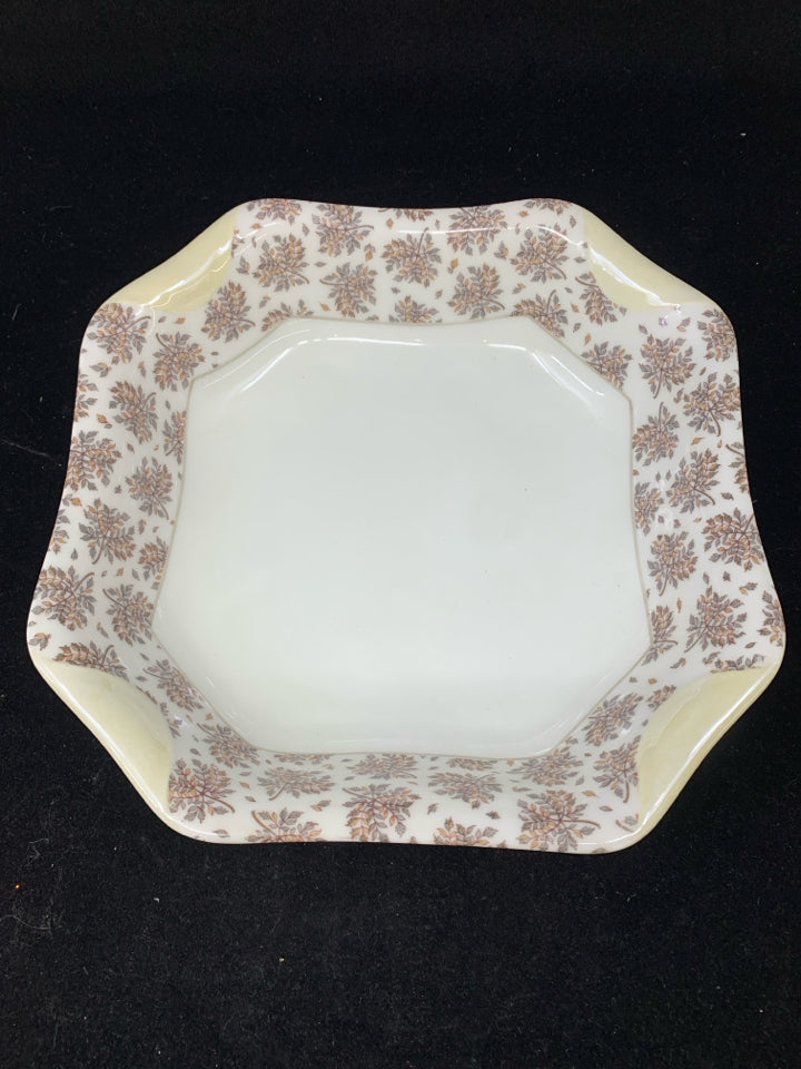 VTG BROWN/BLUE LEAF PATTERN SQUARE BOWL.