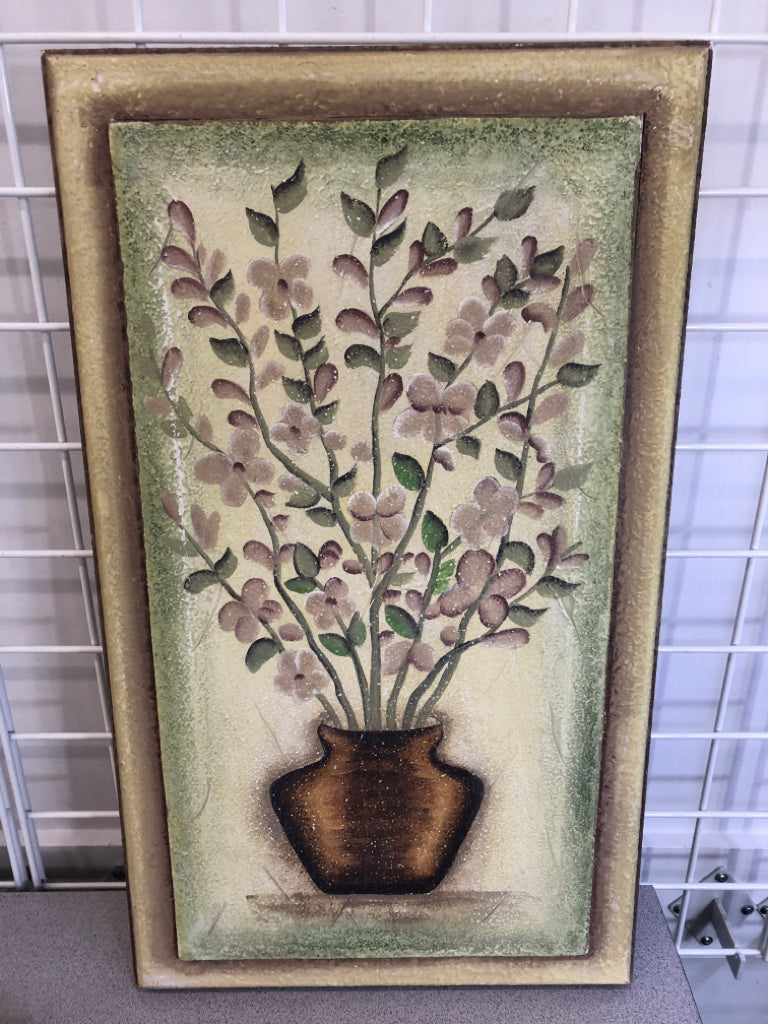 PINK FLORALS IN BROWN VASE ON TEXTURED CANVAS.