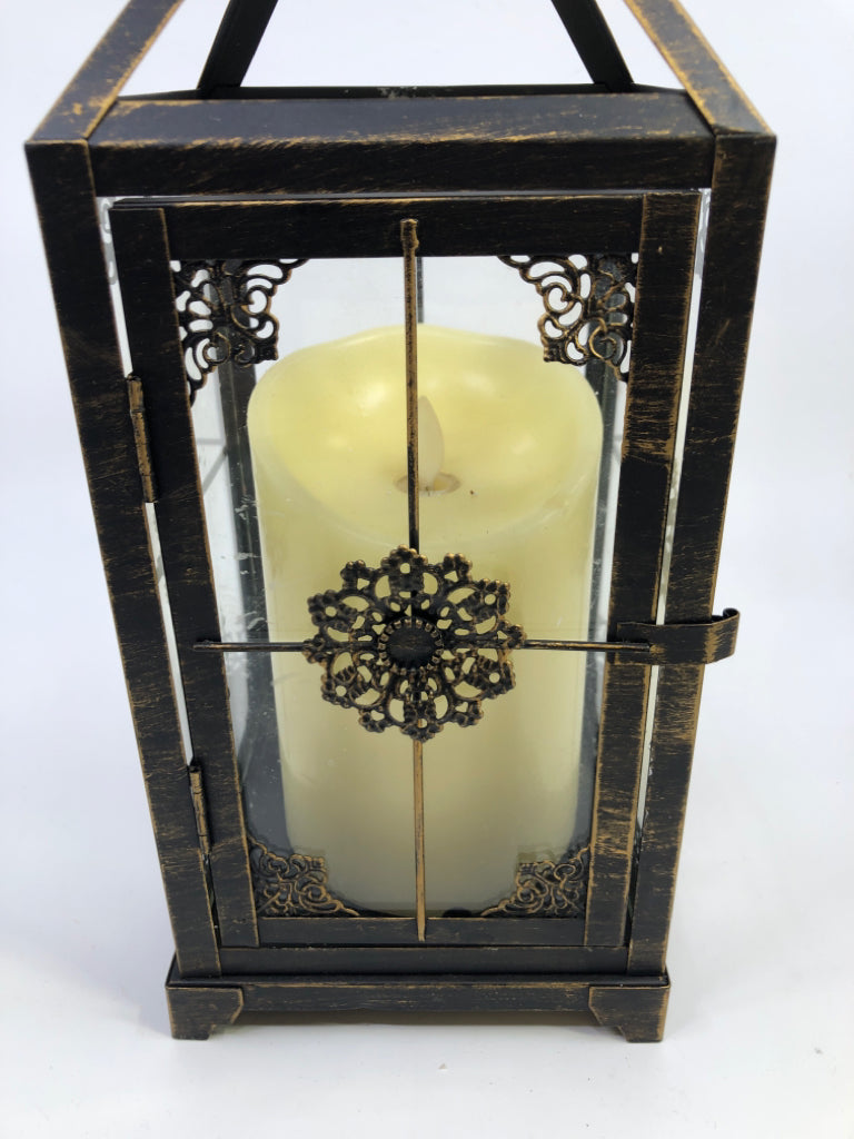 BRONZE LANTERN W/BATTERY CANDLE.