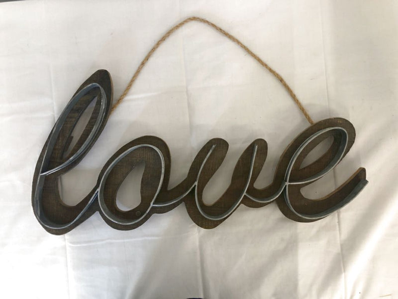 WOOD LOVE SIGN W/ GALVANIZED DETAIL WALL ART.