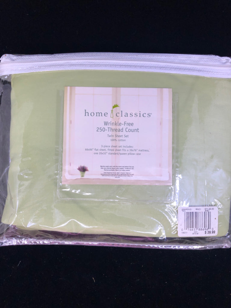 NIP GREEN TWIN SHEET SET 100% COTTON 3 PC- FLAT SHEET, FITTED SHEET, STANDARD PI