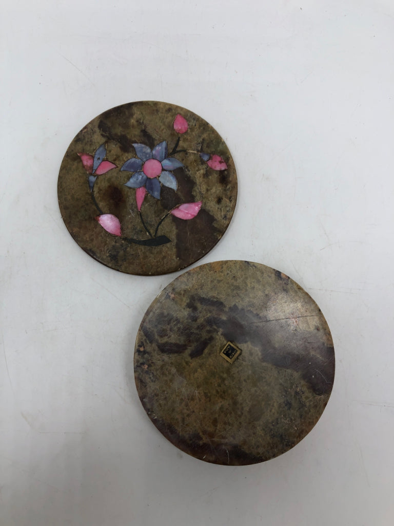 MARBLE BOX W/PINK INLAY FLOWER LID.