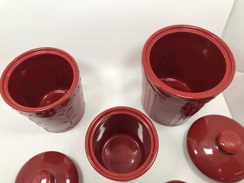 3PC RED CERAMIC CANISTER SET.