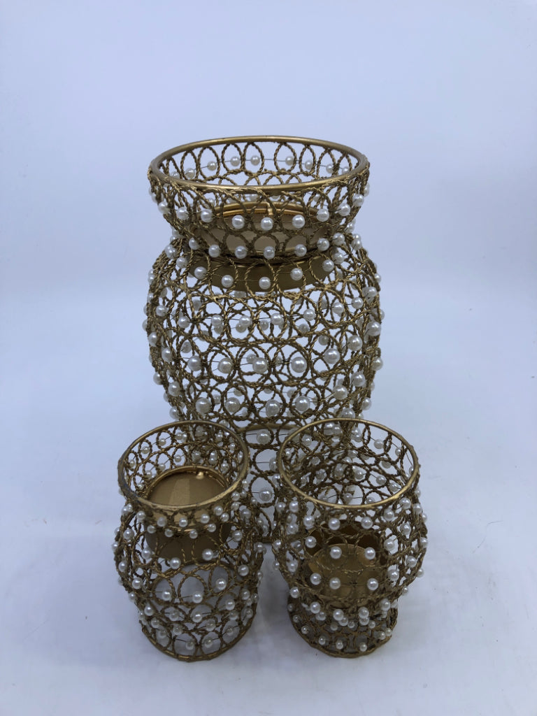 3 GOLD METAL PILLAR CANDLE HOLDERS W PEARL.
