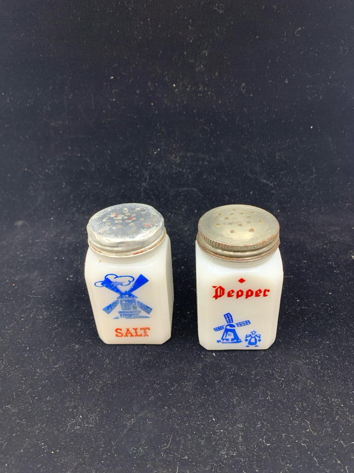 VTG WHITE WINDMILL MILK GLASS SALT AND PEPPER SHAKERS.