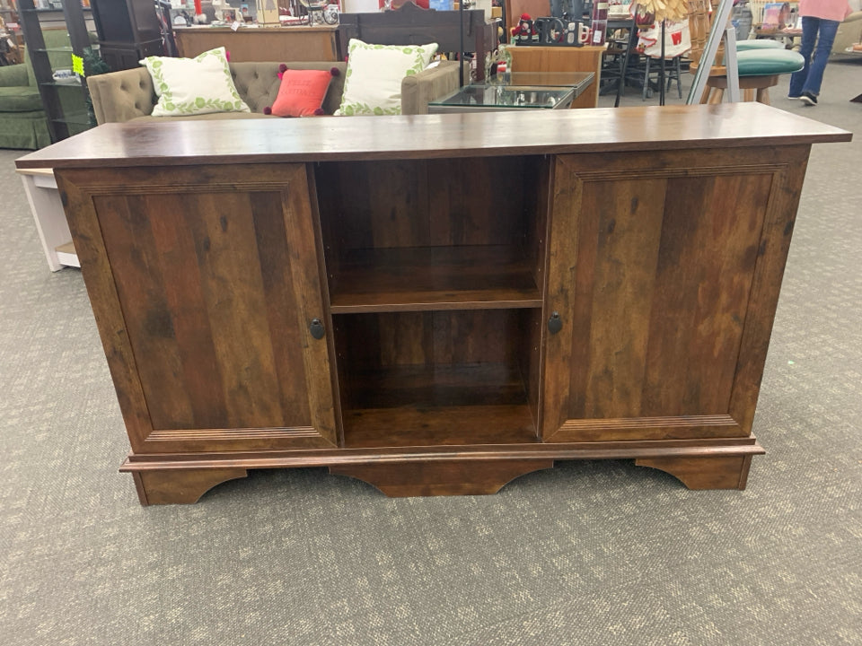 DARK WOOD ENTERTAINMENT CENTER W/2 DRAWERS & 2 OPEN SHELVES.