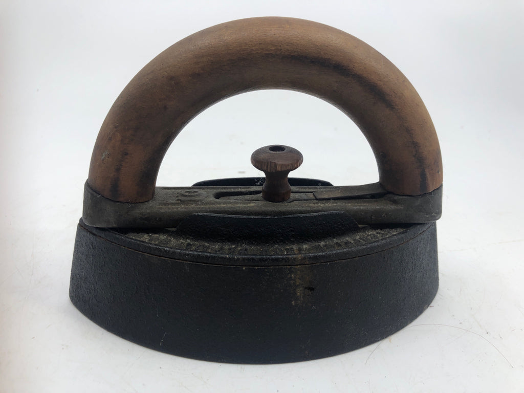 VTG HEAVY SAD IRON W/ WOOD HANDLE DOOR STOP/ IRON.