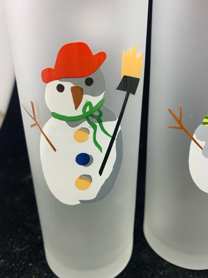 4 TALL FROSTED GLASSES W/ SNOWMEN.
