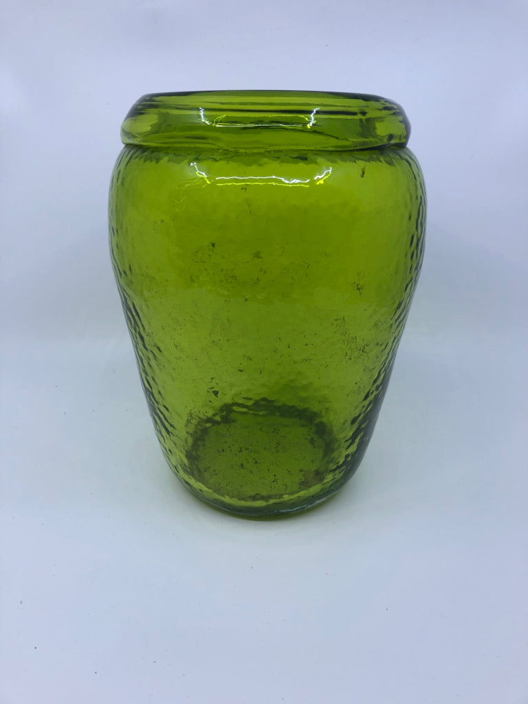 HEAVY GREEN GLASS VASE.