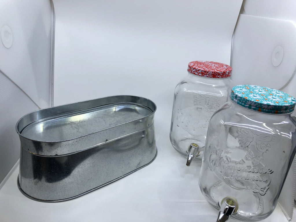 3 PC GLASS DRINK DISPENSER SET W/ GALVANIZED STAND COLORFUL LIDS.