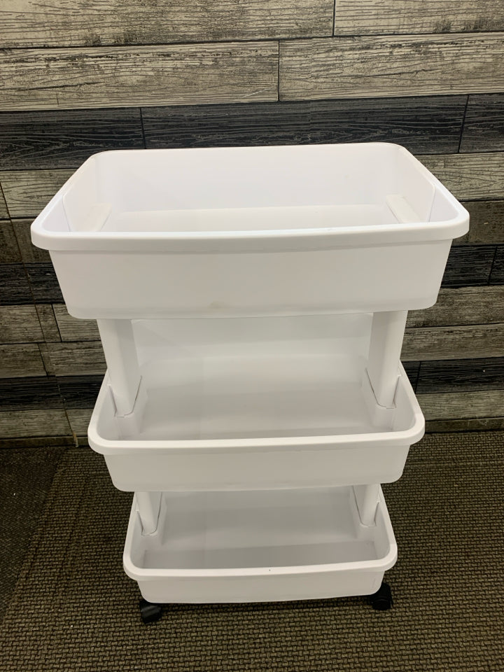 3 TIER WHITE PLASTIC ROLLING CRAFT CART.