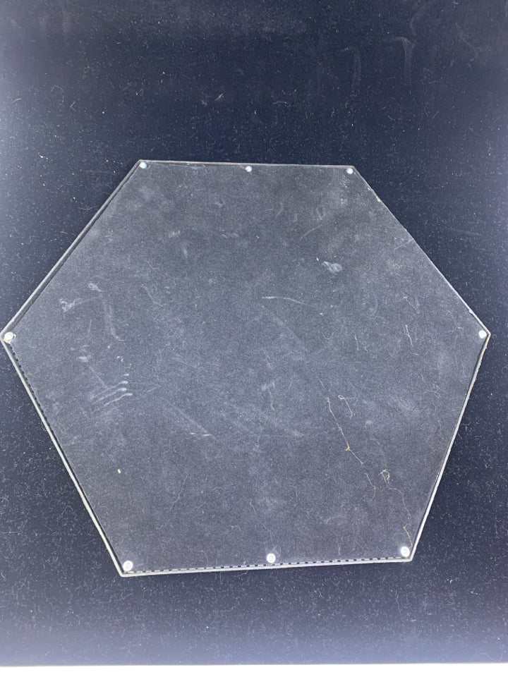 MIRRORED W GOLD ACCENTS ON HEXAGON TRAY.