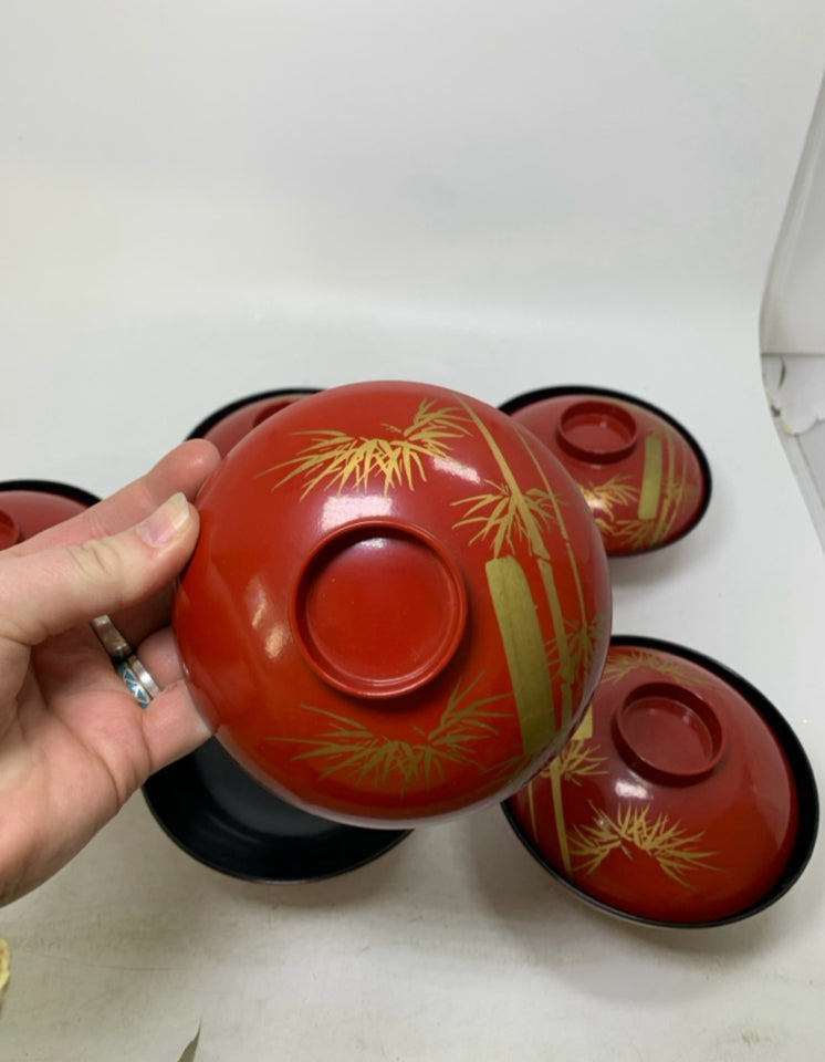 10 PC SVC 5 PLASTIC ASIAN STYLE LIDDED BOWLS W/ BAMBOO MOTIF.