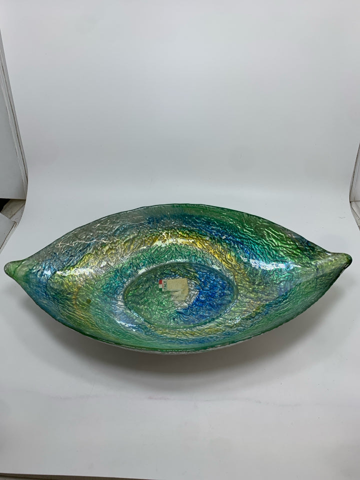 OVAL BLUE SWIRL GLASS CENTERPIECE BOWL.