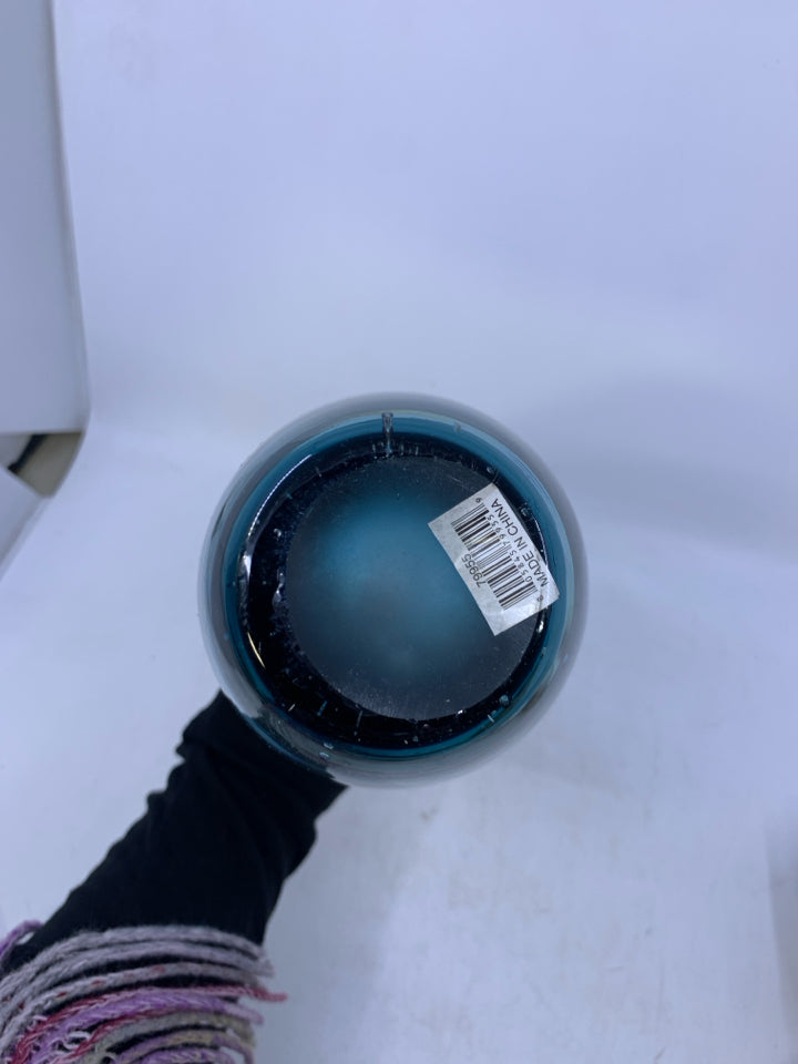 HEAVY BLOWN GLASS DARK BLUE VASE W/ BUBBLES FOLDED NECK.