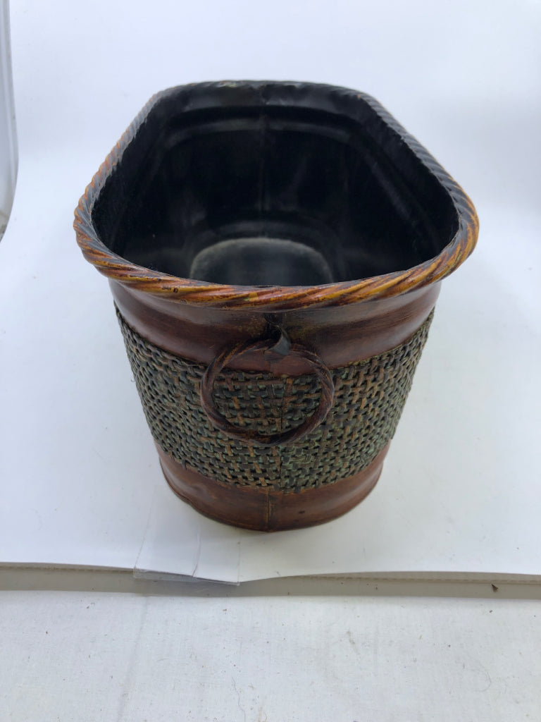 OVAL METAL PLANTER- BROWN/TEAL BASKET WEAVE DESIGN BELT AROUND W/ CIRCLE HANDLES