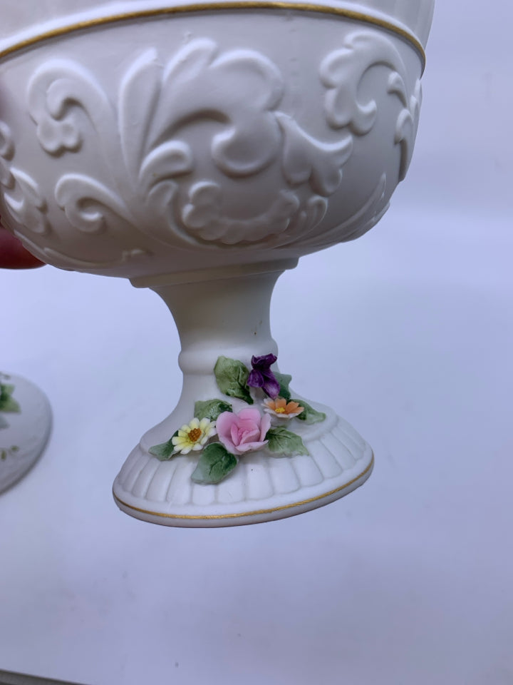 WHITE CERAMIC FOOTED BOWL W/ EMBOSSED COLORFUL FLOWERS W/ LID.