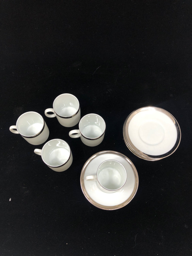 10 PC WHITE/SILVER ESPRESSO CUPS AND SAUCERS.