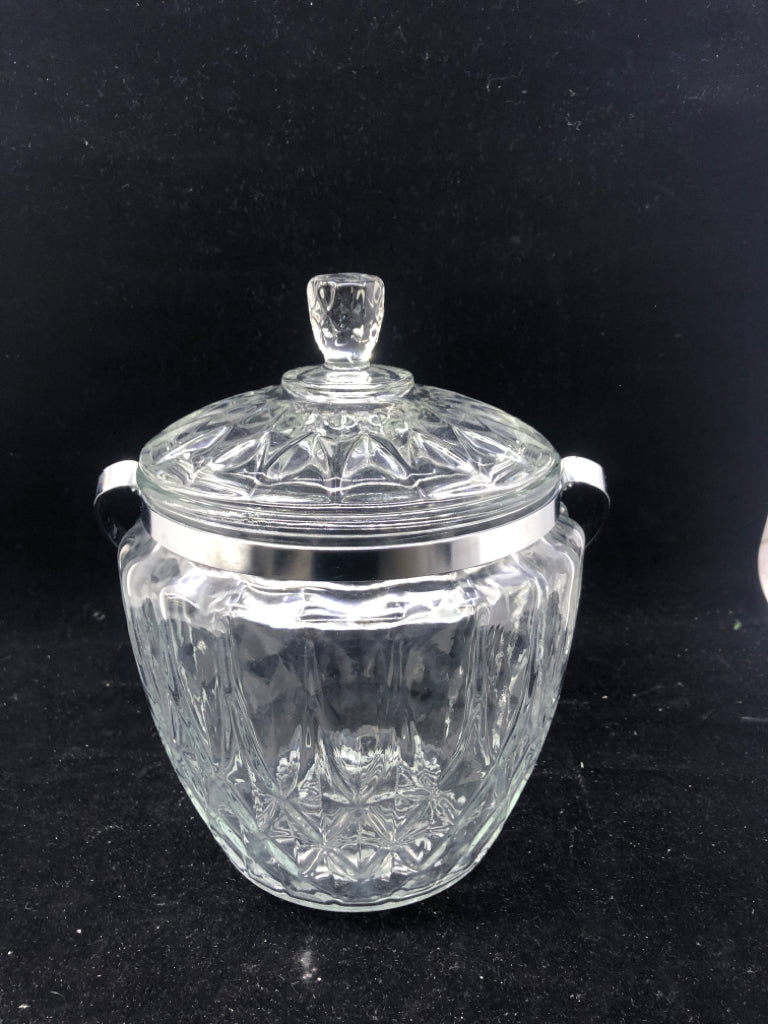 CUT GLASS ICE BUCKET W/ LID + METAL HANDLE.