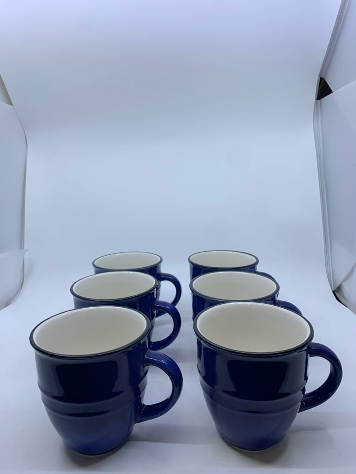 6 DARK BLUE MUGS W BLACK RIM.