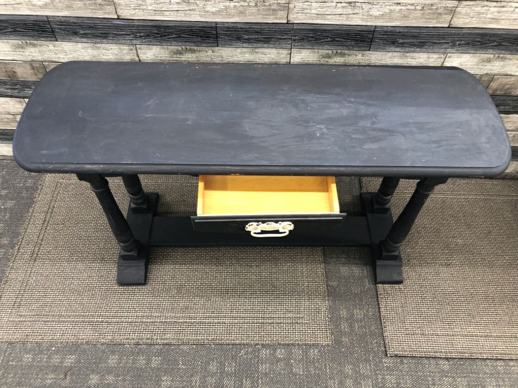 BLACK MATTE PAINTED WOOD LONG TABLE W/ DRAWER WHITE PAINTED HARDWARE.