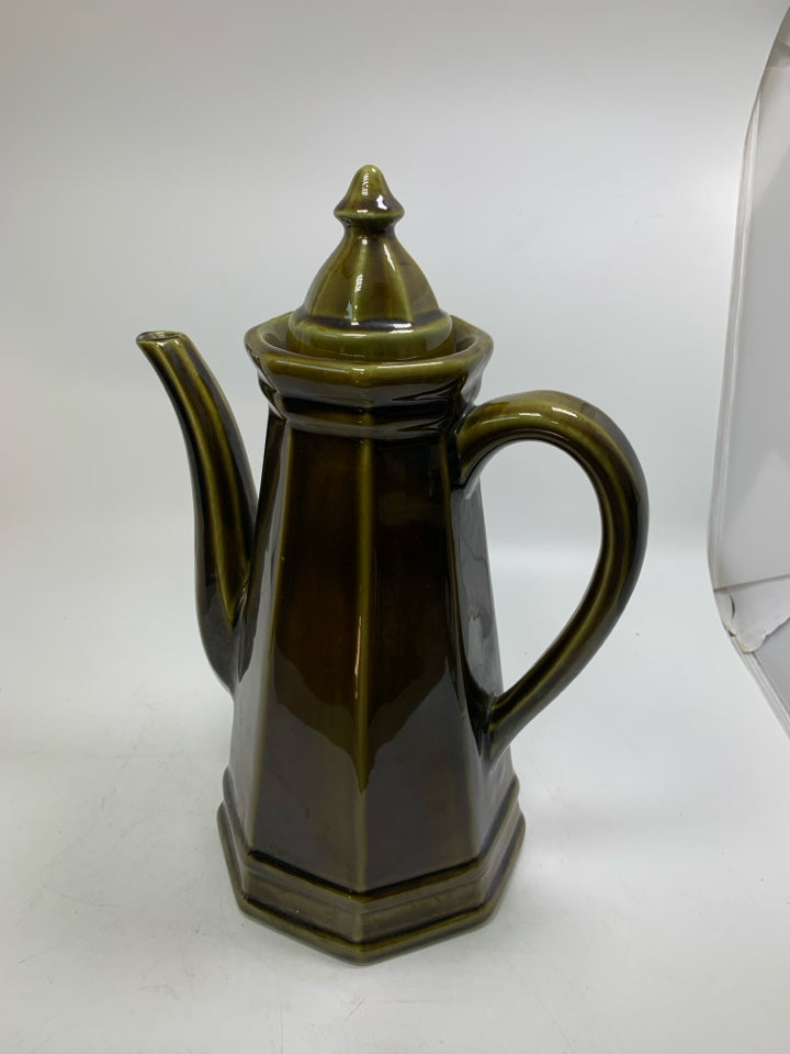 DARK GREEN CERAMIC TALL COFFEE POT.