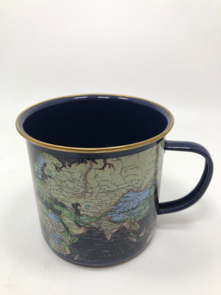 BLUE WORLD MAP MUG W/ GOLD RIM.