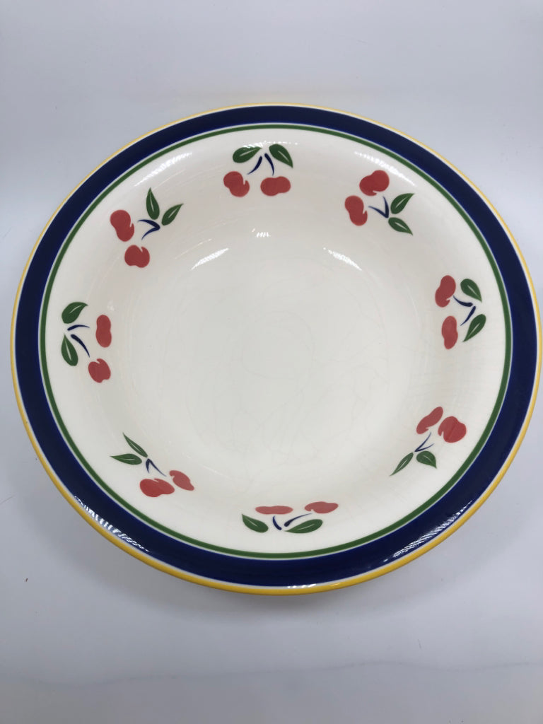 DANSK CHERRIES PAINTED PASTA BOWL W/YELLOW BLUE RIM.