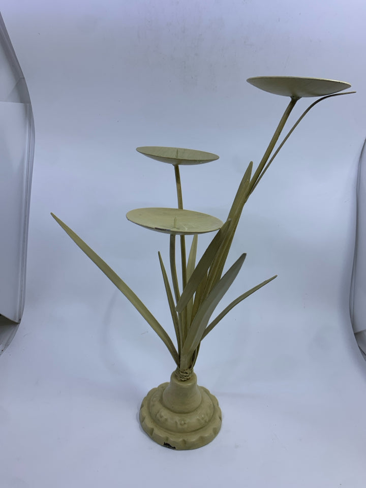 METAL GRASS CANDLE HOLDER BEIGE W/3 CANDLE TRAYS.