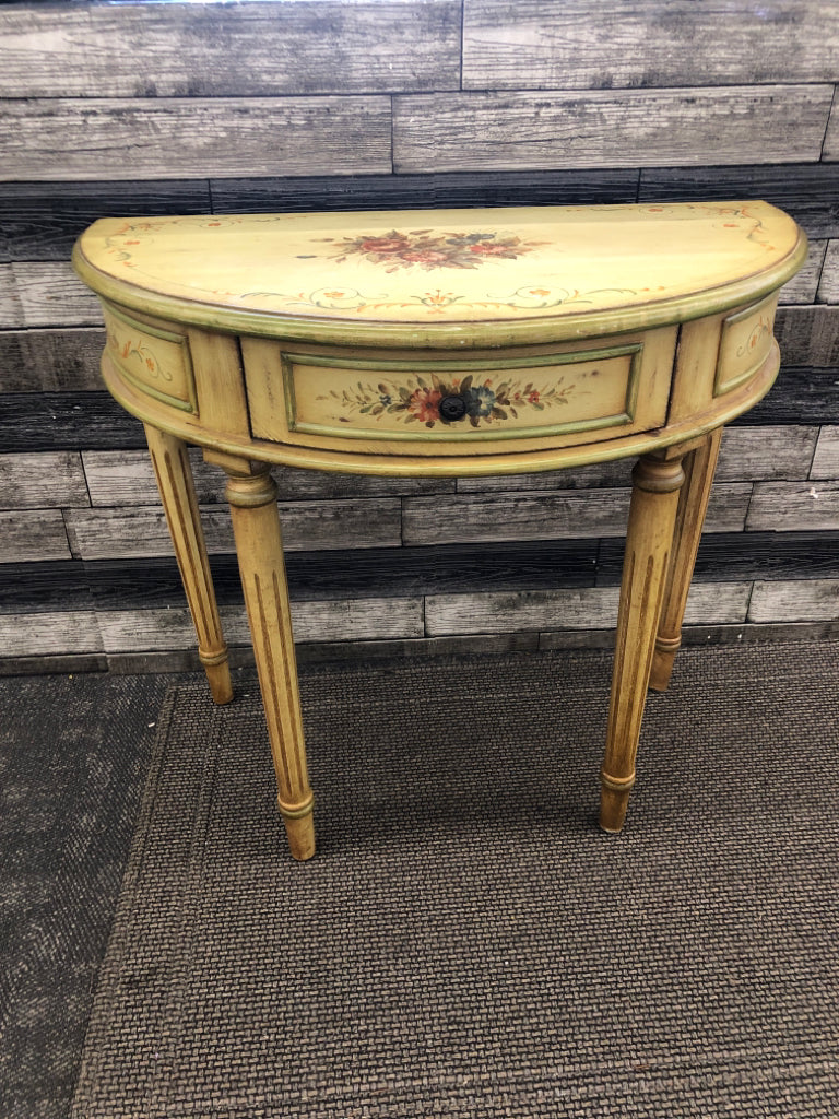 VTG CREAM PAINTED HALF MOON TABLE W FLORAL.