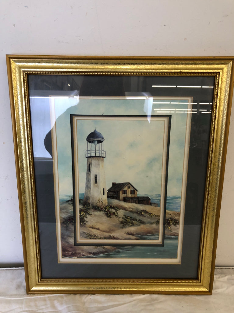 LIGHT HOUSE PRINT IN GOLD FRAME WALL ART.
