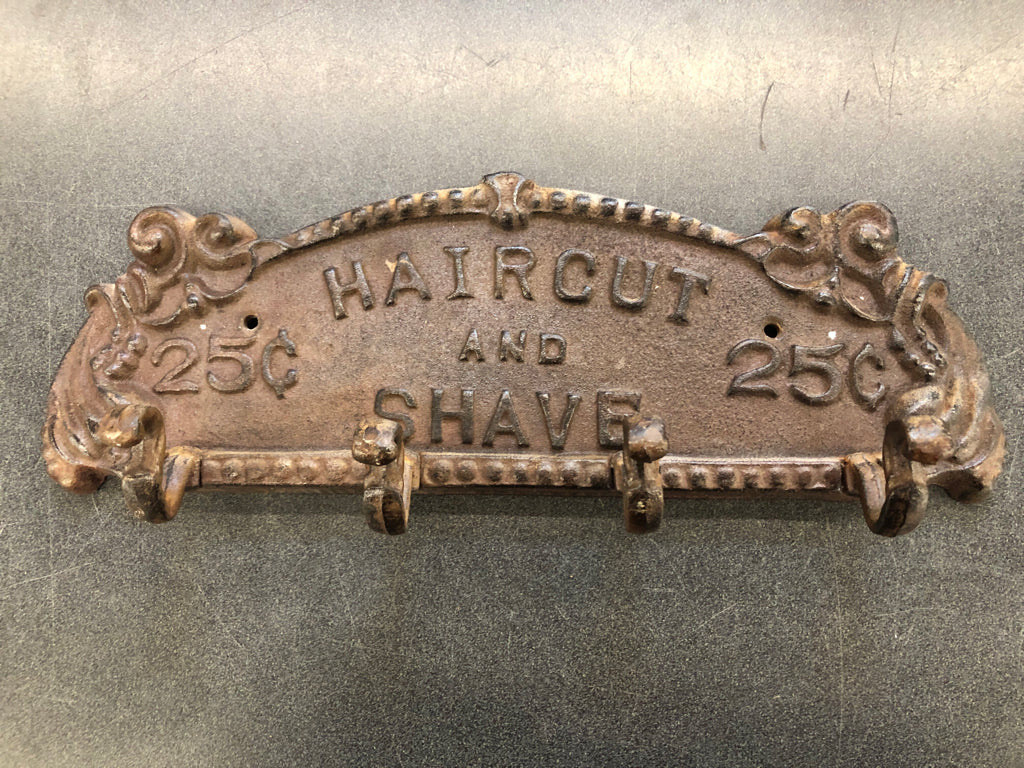 CAST IRON HAIRCUT + SHAVE 4 HOOKS WALL ART.