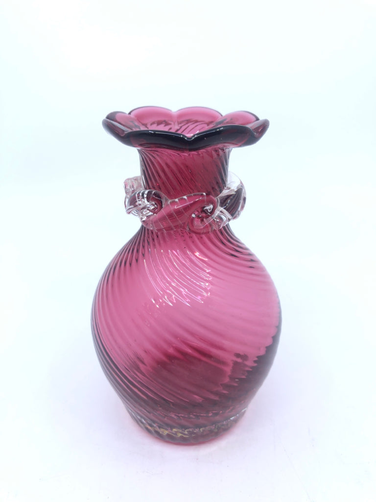 CRANBERRY GLASS VASE W/TEXTURE.