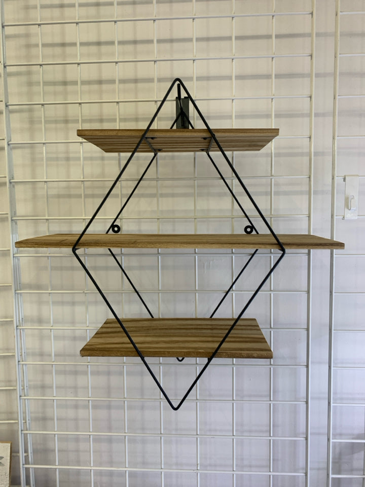 3 TIER METAL TRIANGLE SHELF WITH WOOD SLATS.