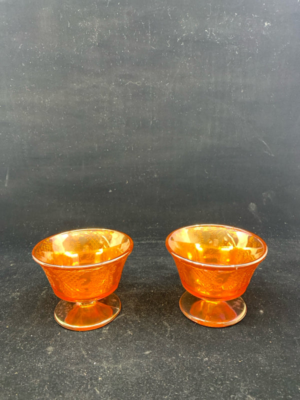 2 FOOTED VTG CARNIVAL GLASS DESSERT BOWLS.