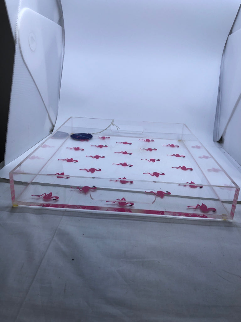 CLEAR LARGE PLASTIC TRAY W/ PRINTED FLAMINGOS CYNTHIA ROWLEY.