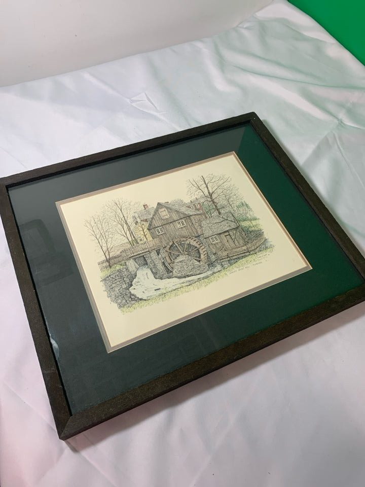 JERSEY GRIST MILL PLYMOUTH SKETCHED PHOTO IN DARK FRAME.