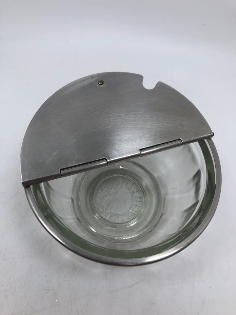 GLASS CONTAINER W/METAL LIFTING LID.