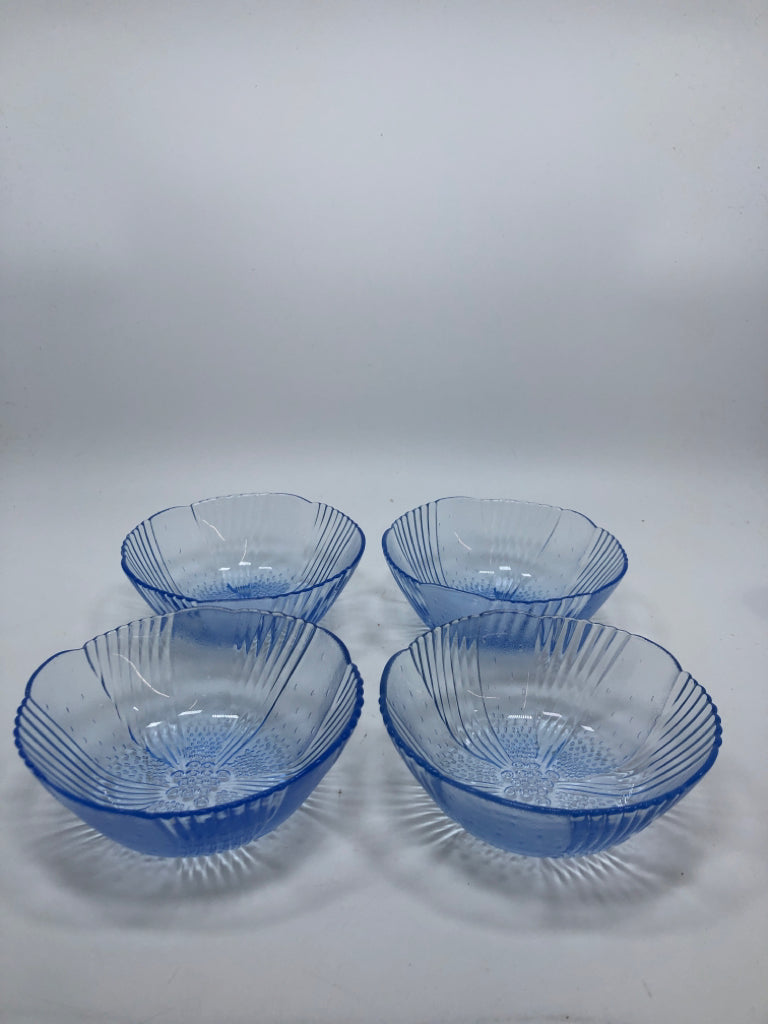4 BLUE GLASS FLOWER BOWLS.