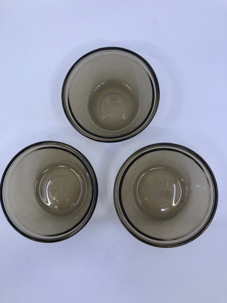 3 ANCHOR HOCKING BROWN SAUCE CUPS.