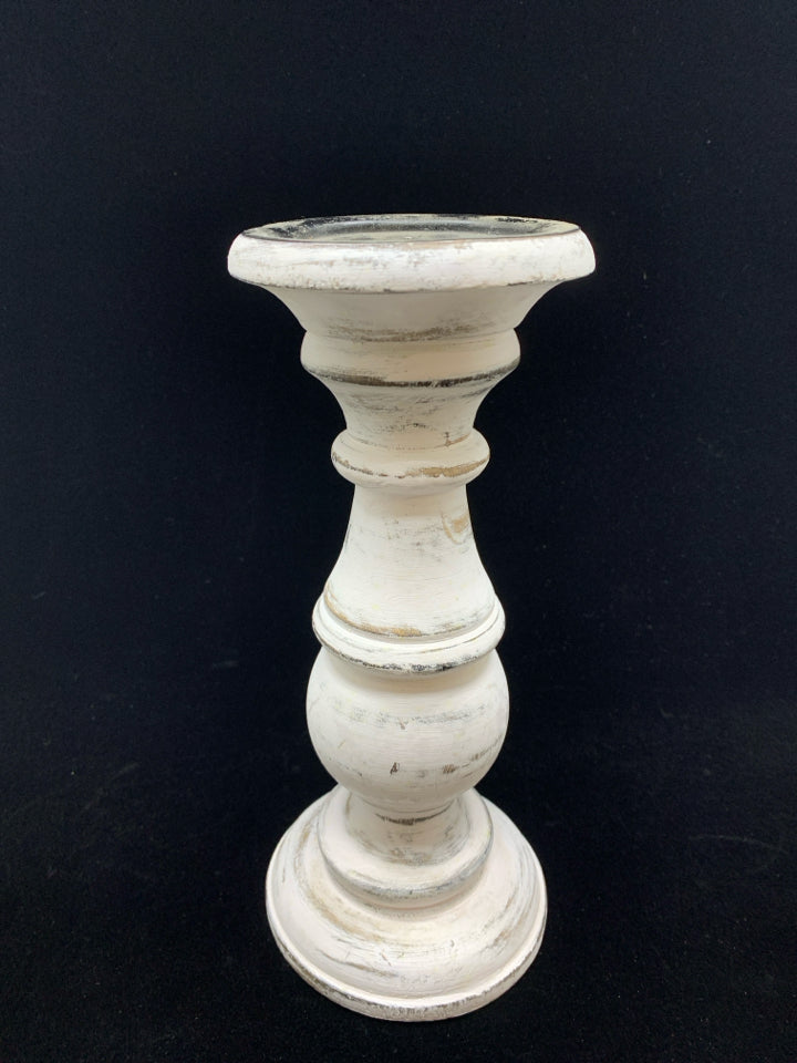 WHITE WASHED WOOD PEDESTAL PILLAR CANDLE HOLDER.