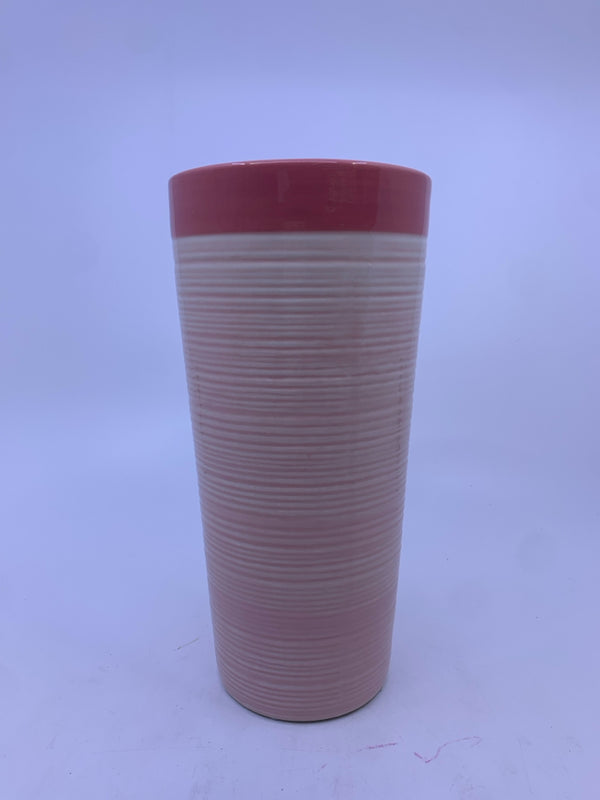 CREAM AND PINK RIBBED VASE.