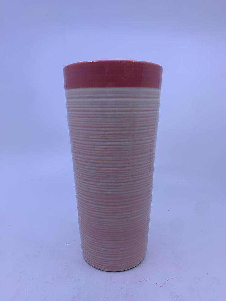 CREAM AND PINK RIBBED VASE.