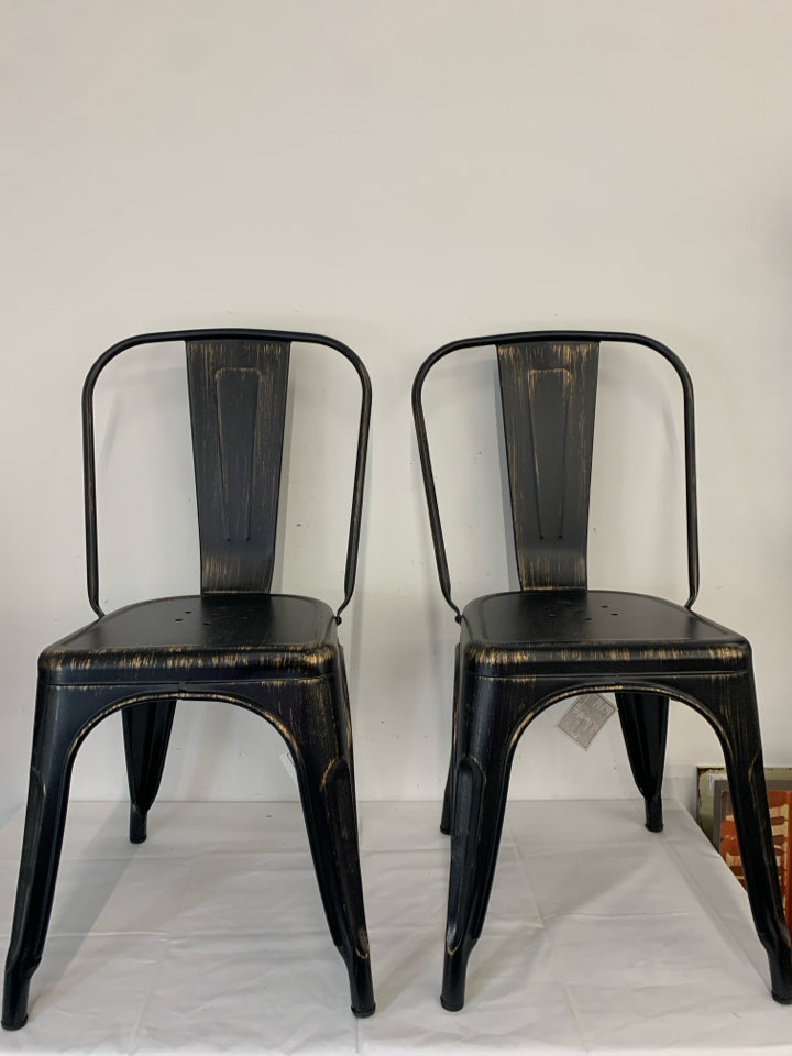 2 BLACK W GOLD ACCENT METAL CHAIRS.